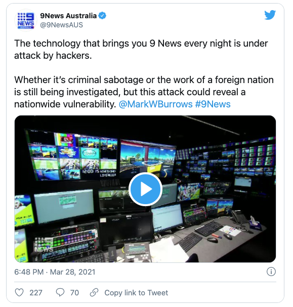 9News Cyber Attack Tweet