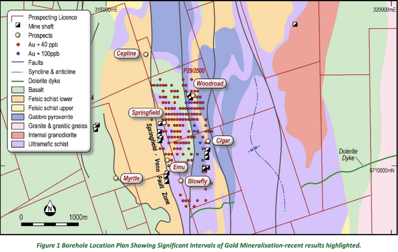 Figure 1 Borehole Location Plan Showing Significant Intervals of Gold Mineralisation‐recent results highlighted.